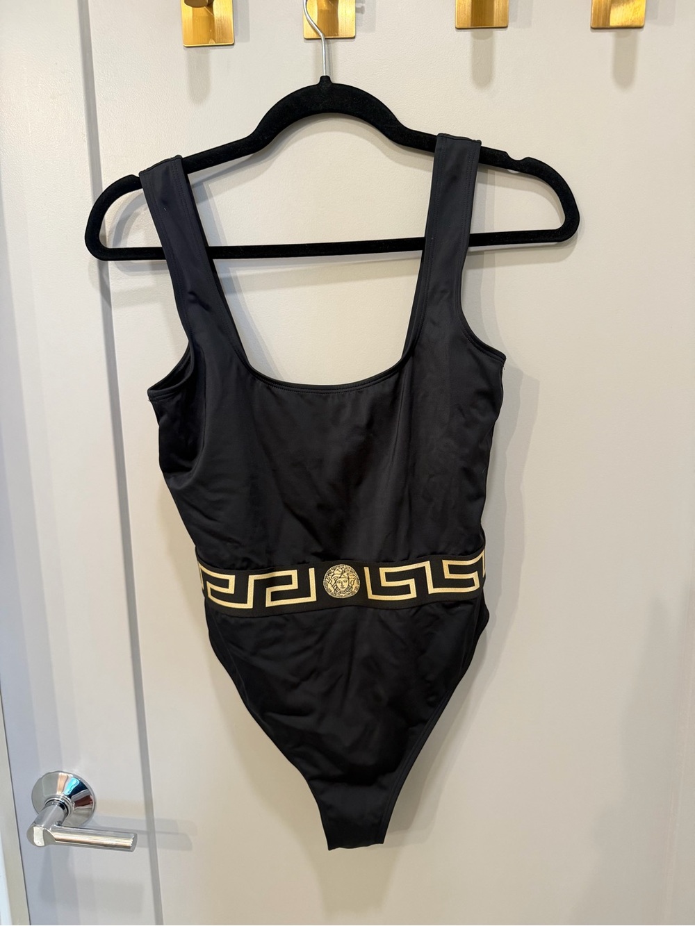 Versace Black One-Piece with Gold Greek Key Waistband